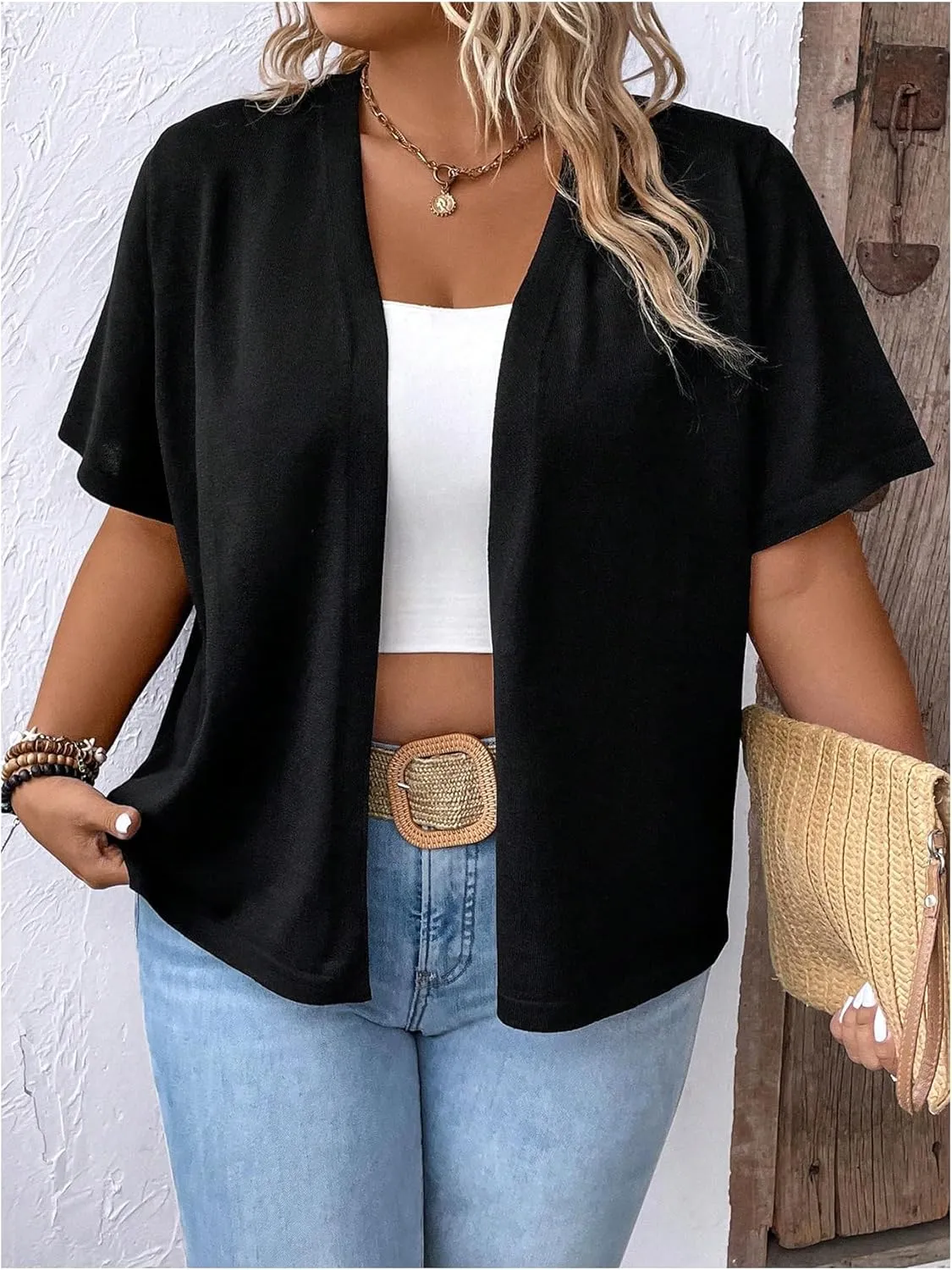 Women's Plus Size Cardigan Short Sleeve Open Front Cardigans Outerwear Summer Bolero Shrug