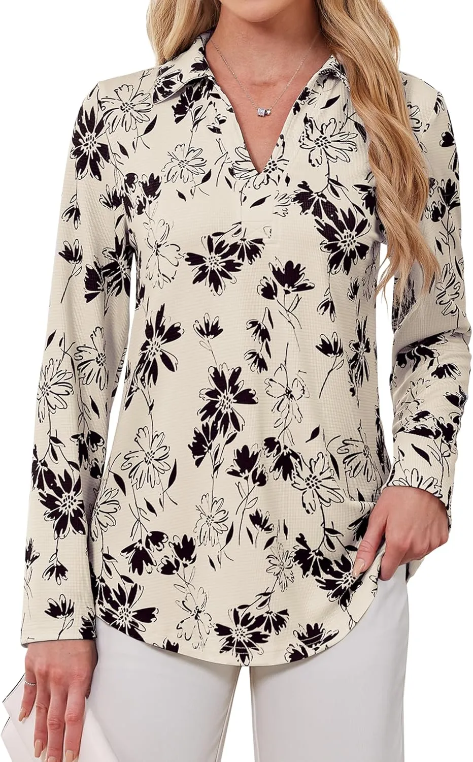 Women's Polo Shirts Collared V Neck Work Tops Long Sleeve Business Casual Dressy Blouses Textured Ribbed Tunic