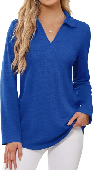 Women's Polo Shirts Collared V Neck Work Tops Long Sleeve Business Casual Dressy Blouses Textured Ribbed Tunic