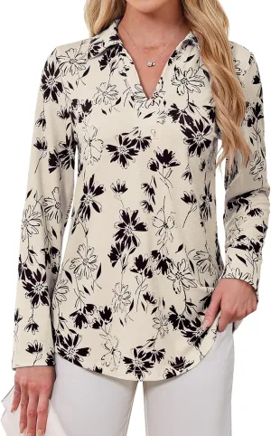 Women's Polo Shirts Collared V Neck Work Tops Long Sleeve Business Casual Dressy Blouses Textured Ribbed Tunic