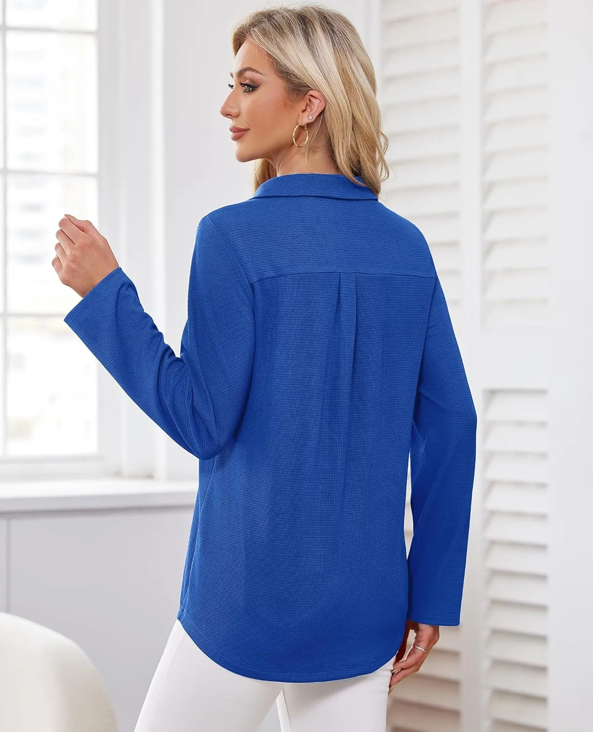 Women's Polo Shirts Collared V Neck Work Tops Long Sleeve Business Casual Dressy Blouses Textured Ribbed Tunic