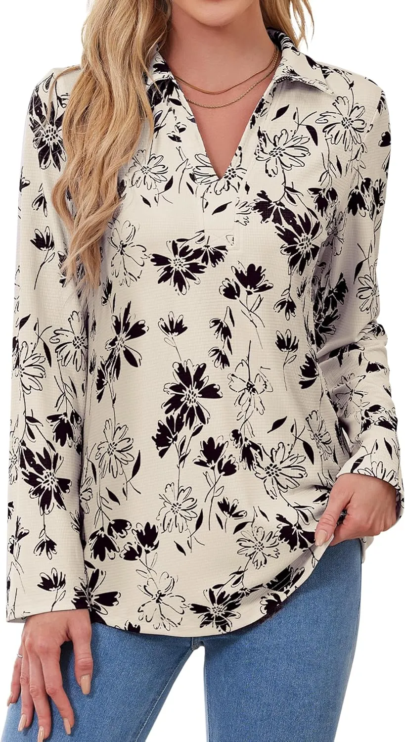 Women's Polo Shirts Collared V Neck Work Tops Long Sleeve Business Casual Dressy Blouses Textured Ribbed Tunic