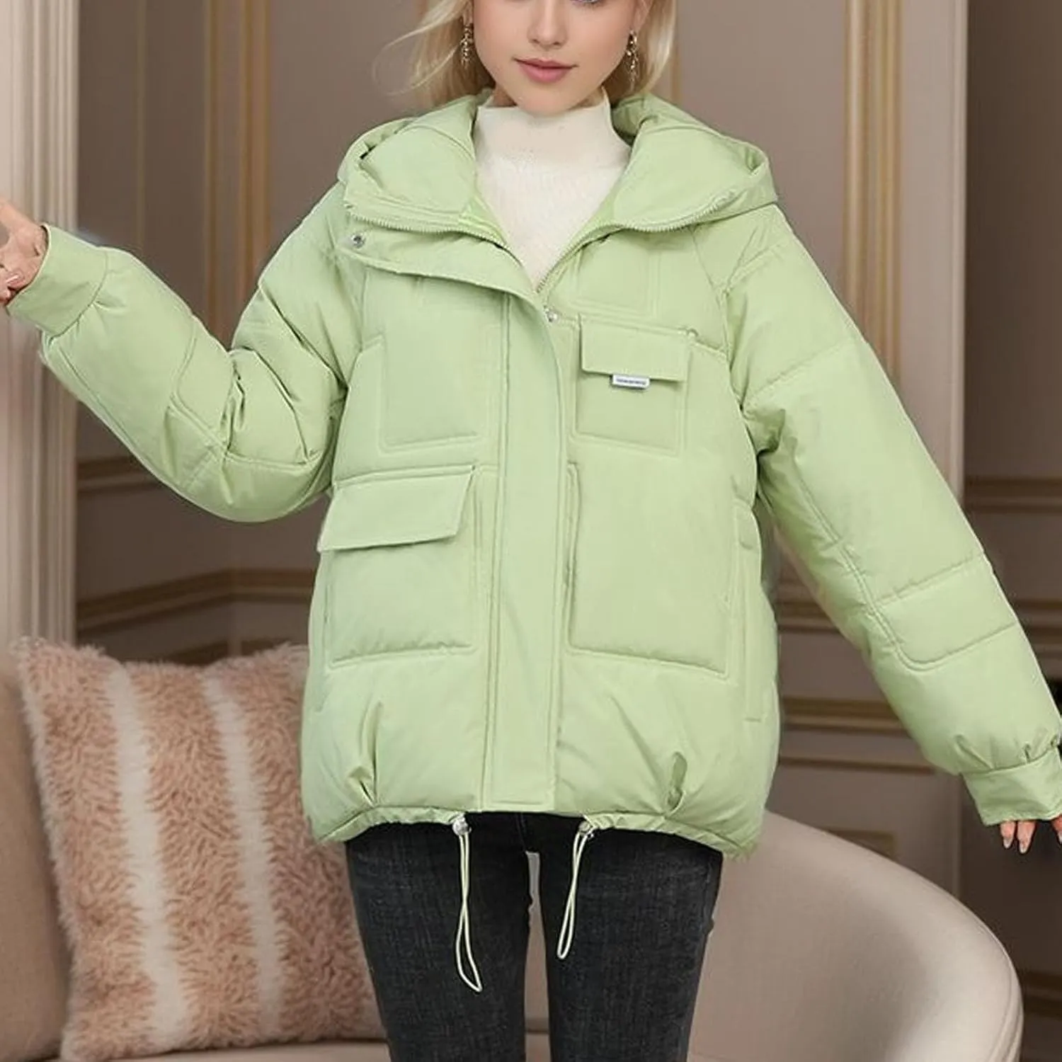 Women's Puffer Jacket Packable Quilted Light Down Jacket Oversized Short Bubble Coat Waterproof Jacket With Hood