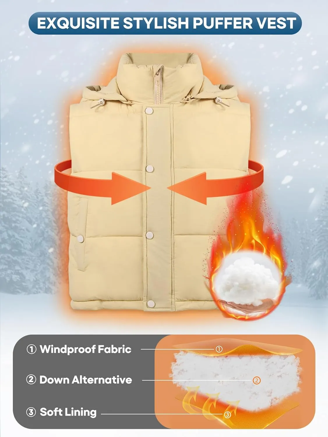 Women's Puffer Vest Hooded Button Down Zip Up Winter Outerwear Vests with Pockets