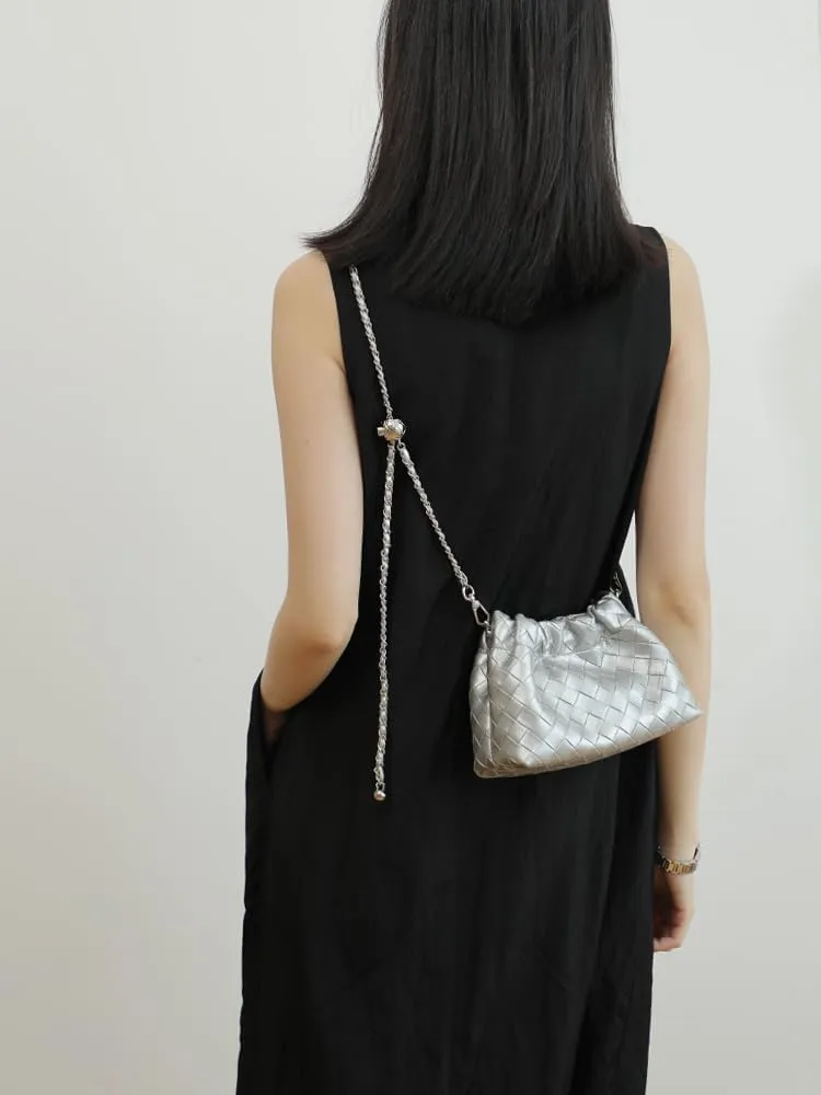 Women's Retro Genuine Leather Chain Ball Woven Shoulder Crossbody Underarm Bag Clutch Cloud Dumpling Handbag Versatile Hobo