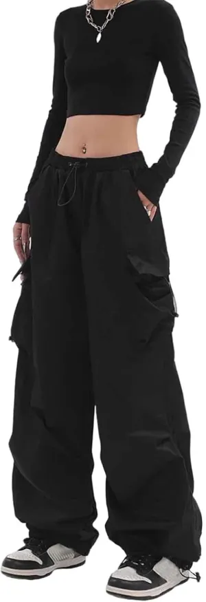 Women's Retro Pocket Cargo Pants Hip-hop Leggings Drawstring high Waist Straight Trousers Loose Casual Pants