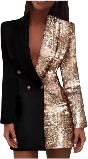 Womens Sequin Blazer Dresses Sparkle Double Breasted Formal Suit Outfits Long Sleeve Lapel Collar Party Outerwear