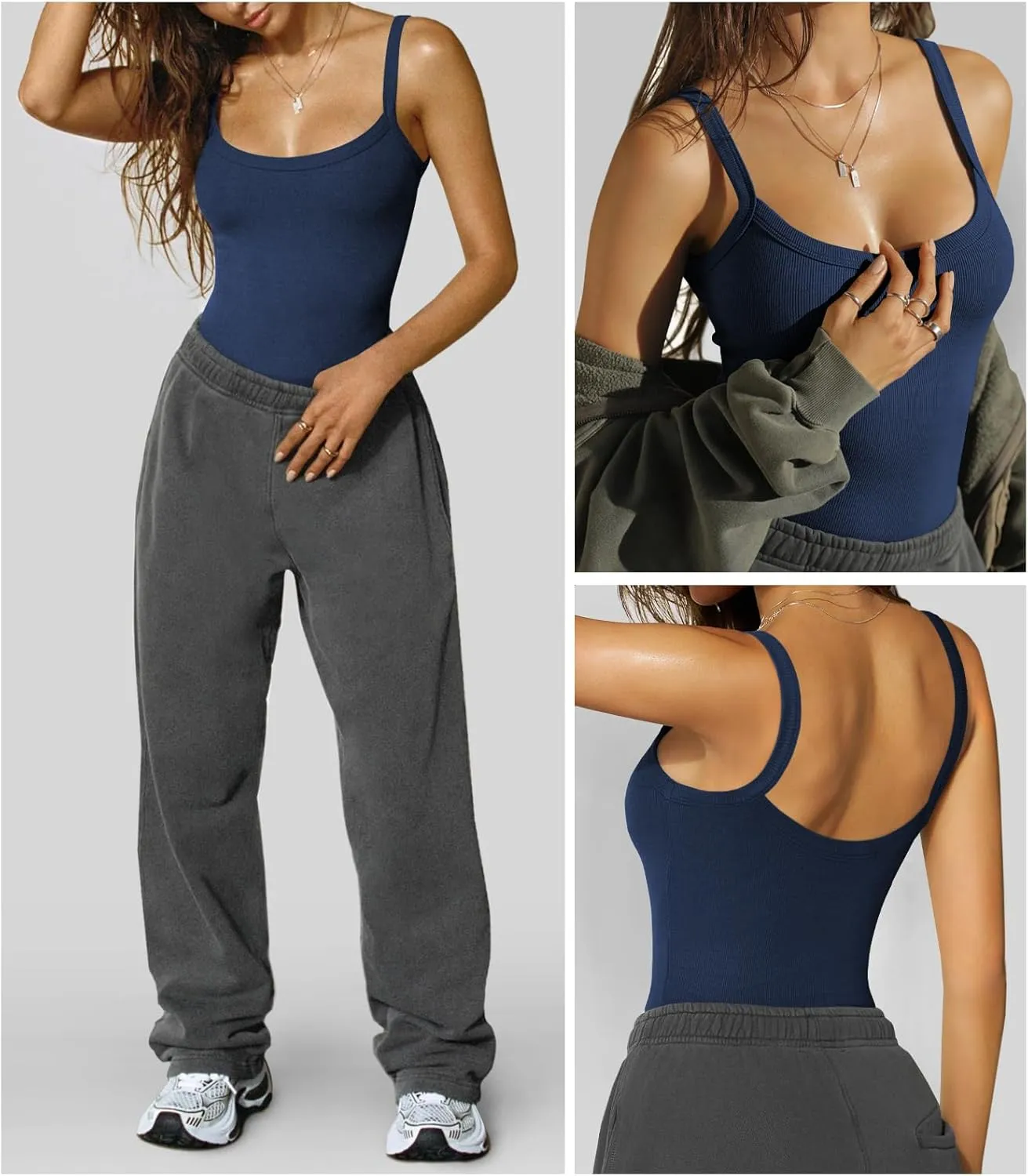 Womens Sexy Low Cut Tank Tops for Women Workout Spaghetti Strap Scoop Neck Ribbed Fitted Backless Basic Going Out Tops