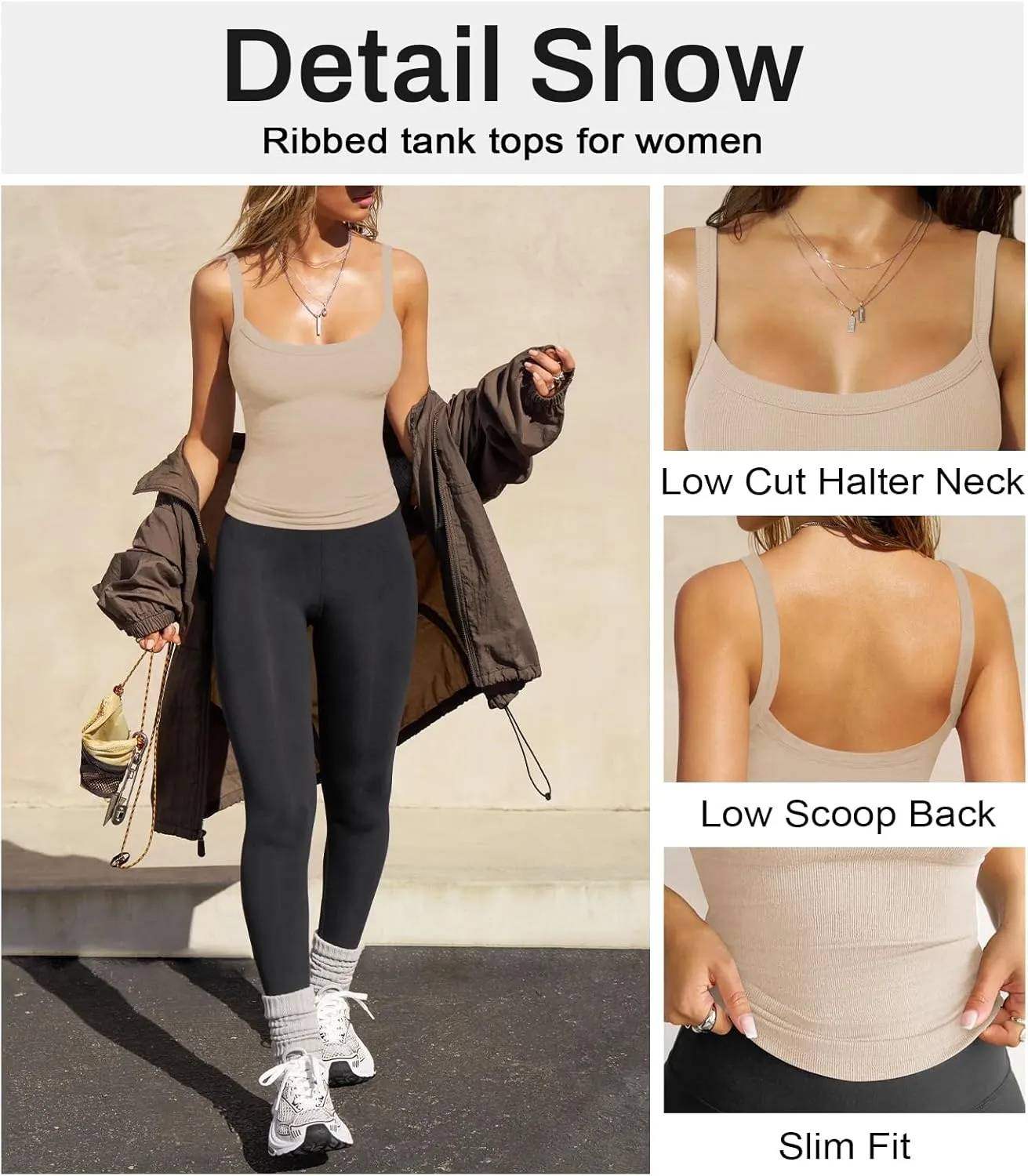 Womens Sexy Low Cut Tank Tops for Women Workout Spaghetti Strap Scoop Neck Ribbed Fitted Backless Basic Going Out Tops