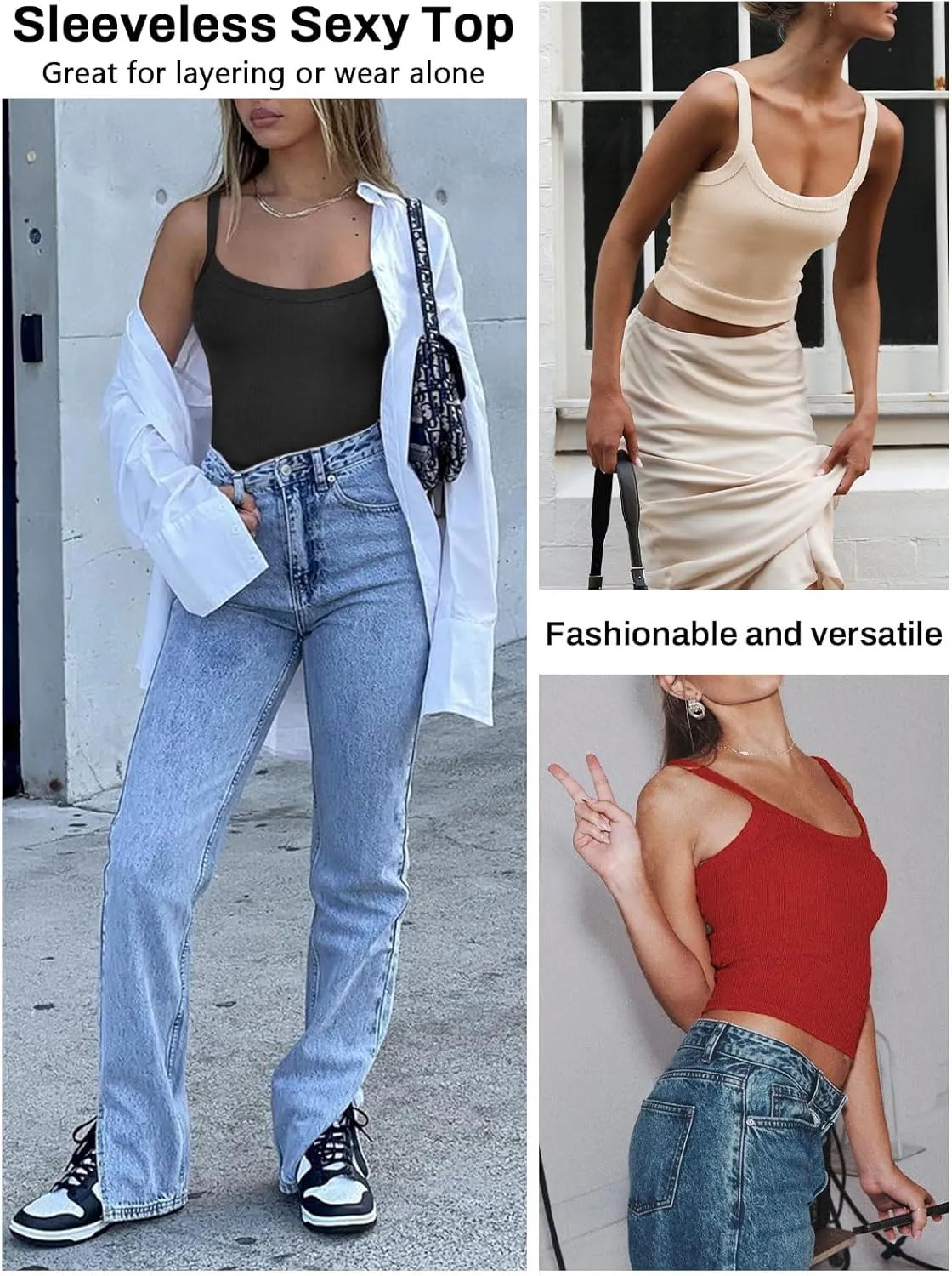 Womens Sexy Low Cut Tank Tops for Women Workout Spaghetti Strap Scoop Neck Ribbed Fitted Backless Basic Going Out Tops