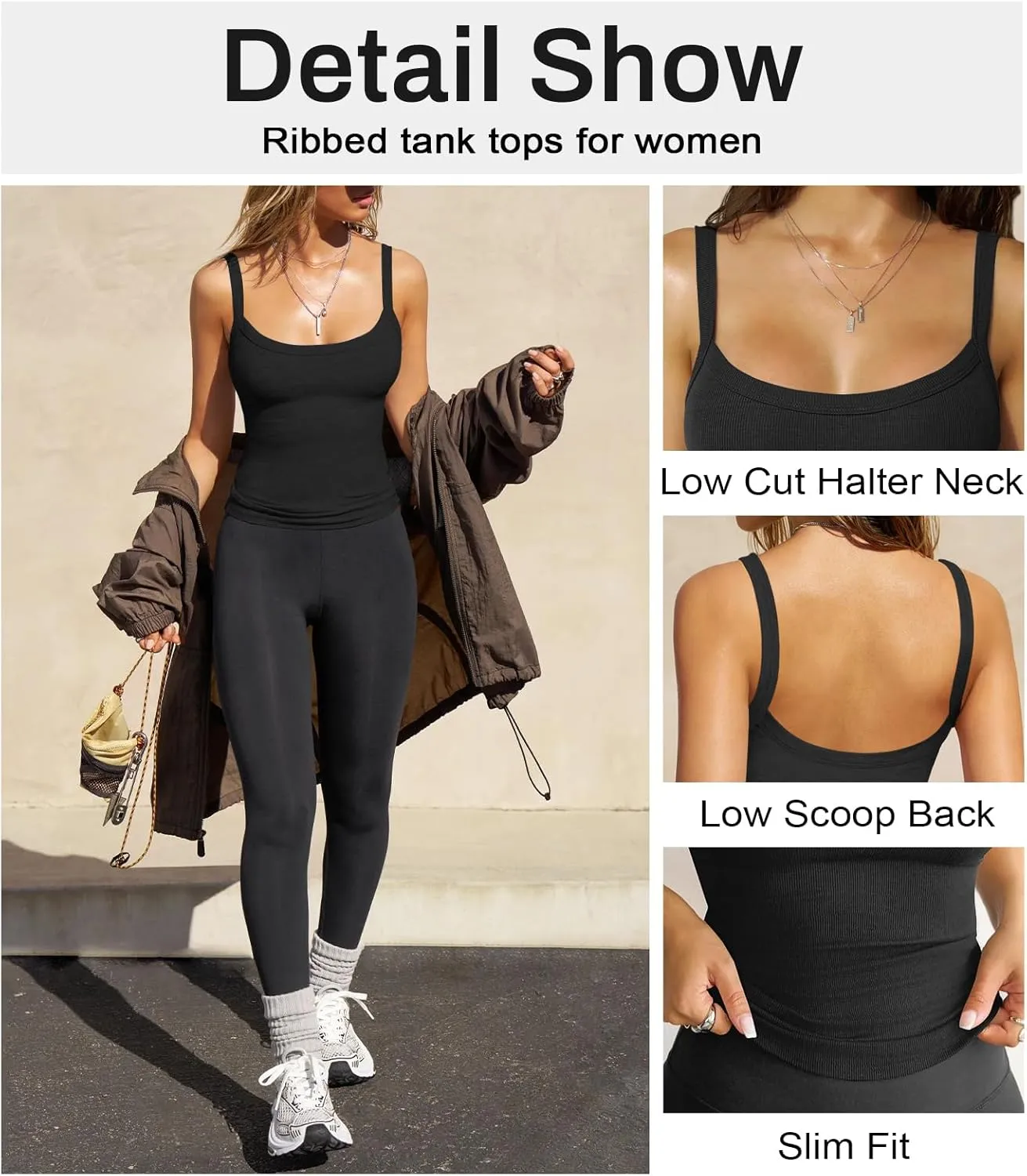 Womens Sexy Low Cut Tank Tops for Women Workout Spaghetti Strap Scoop Neck Ribbed Fitted Backless Basic Going Out Tops