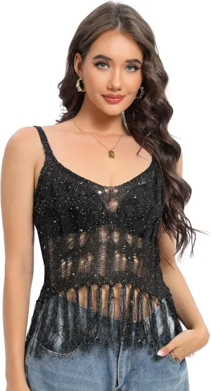 Women's Sheer Sequin Tops with Fringe