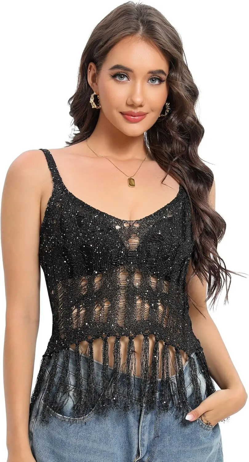 Women's Sheer Sequin Tops with Fringe