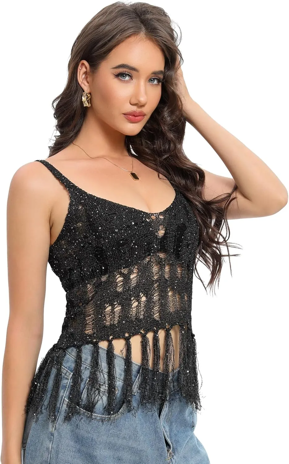 Women's Sheer Sequin Tops with Fringe