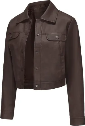 Women's Short Faux Leather Jacket, Faux Leather Women's Motorcycle Jacket, Casual Fashion Leather Jacket