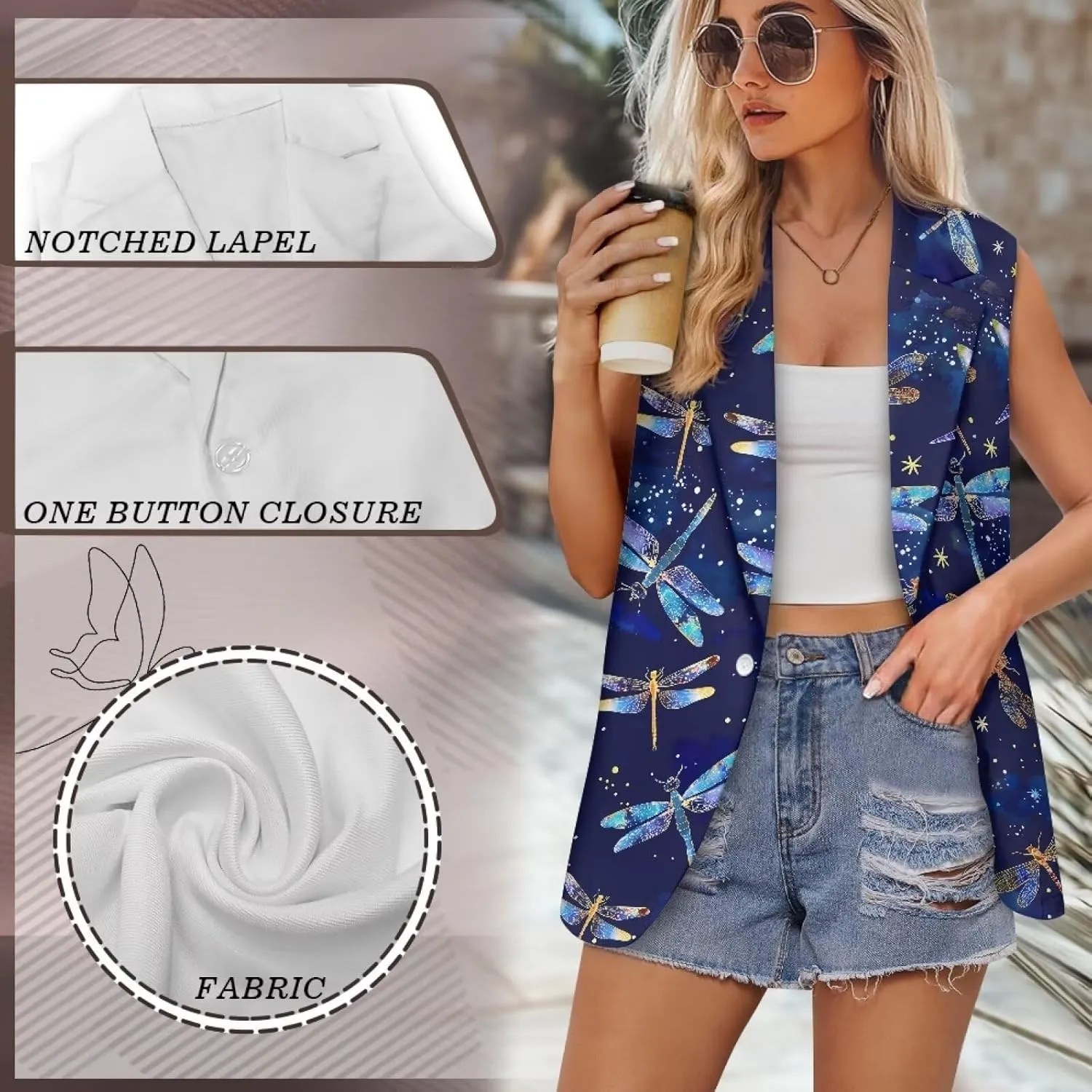 Women's Sleeveless Blazer Vest Open Front Casual Suit Blazer V-Neck Lapel Outerwear Vests