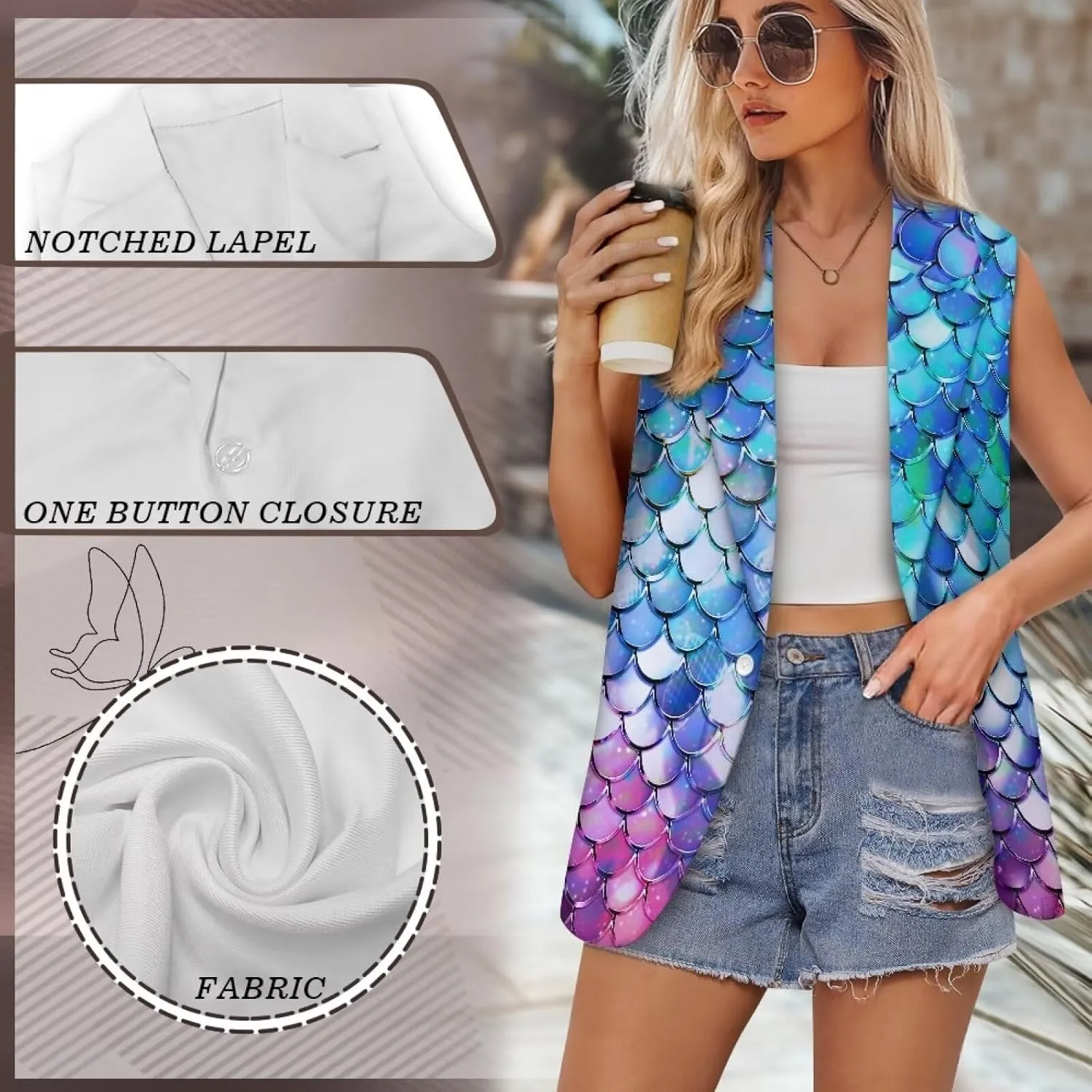 Women's Sleeveless Blazer Vest Open Front Casual Suit Blazer V-Neck Lapel Outerwear Vests