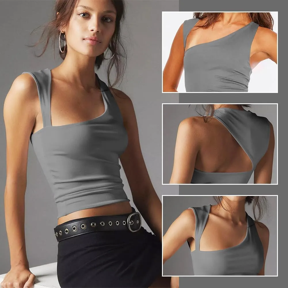 Women's Sleeveless Oblique Neck Crop Tops Fitness Casual Basic Camisole Workout Tank