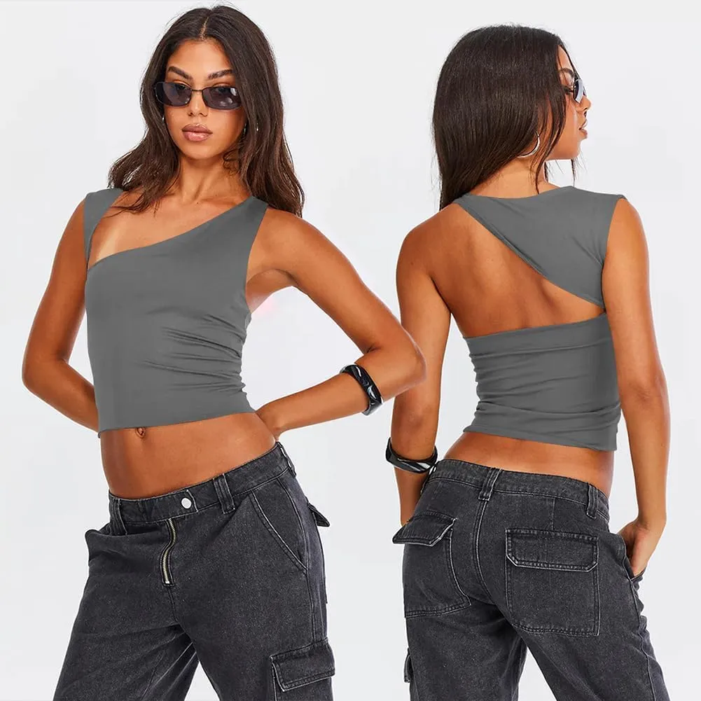 Women's Sleeveless Oblique Neck Crop Tops Fitness Casual Basic Camisole Workout Tank