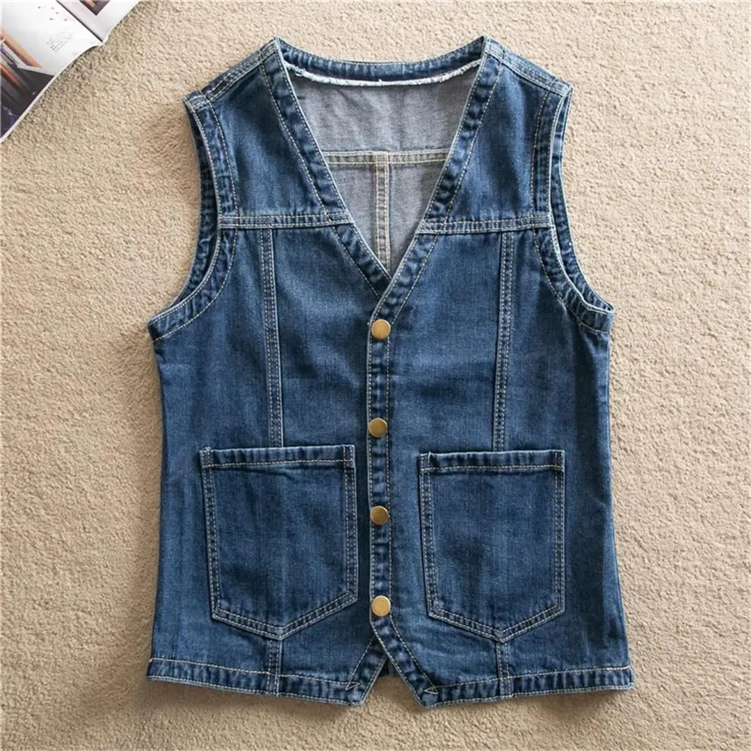 Women's Slim V Neck Single Breasted Denim Vest Waistcoat Sleeveless Casual Jeans Vest
