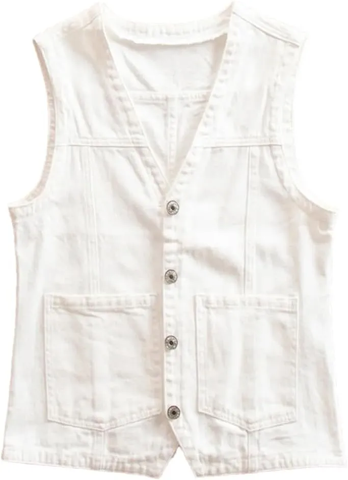Women's Slim V Neck Single Breasted Denim Vest Waistcoat Sleeveless Casual Jeans Vest