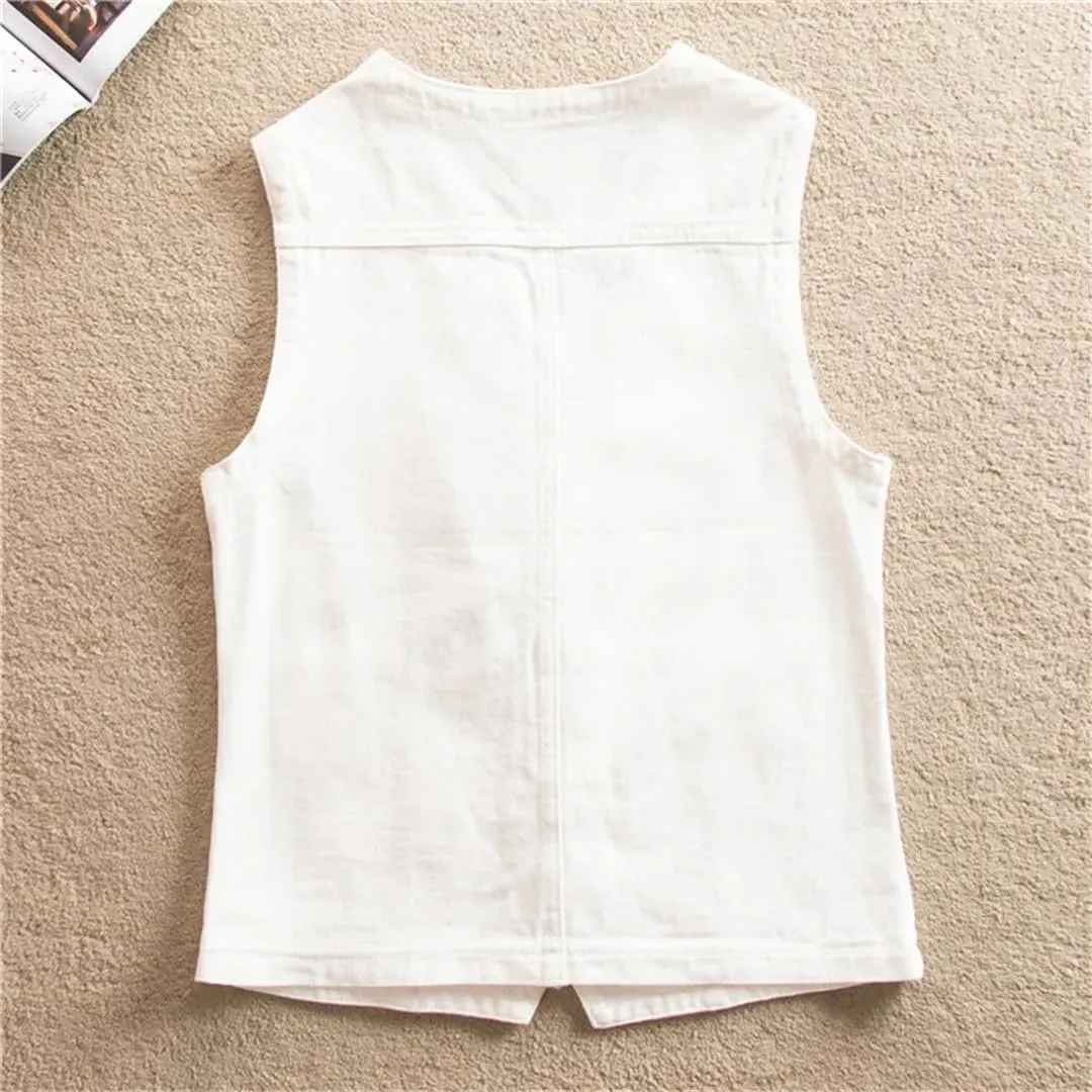 Women's Slim V Neck Single Breasted Denim Vest Waistcoat Sleeveless Casual Jeans Vest