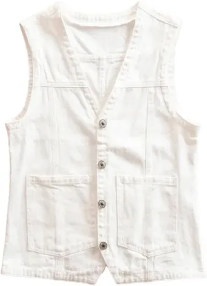 Women's Slim V Neck Single Breasted Denim Vest Waistcoat Sleeveless Casual Jeans Vest