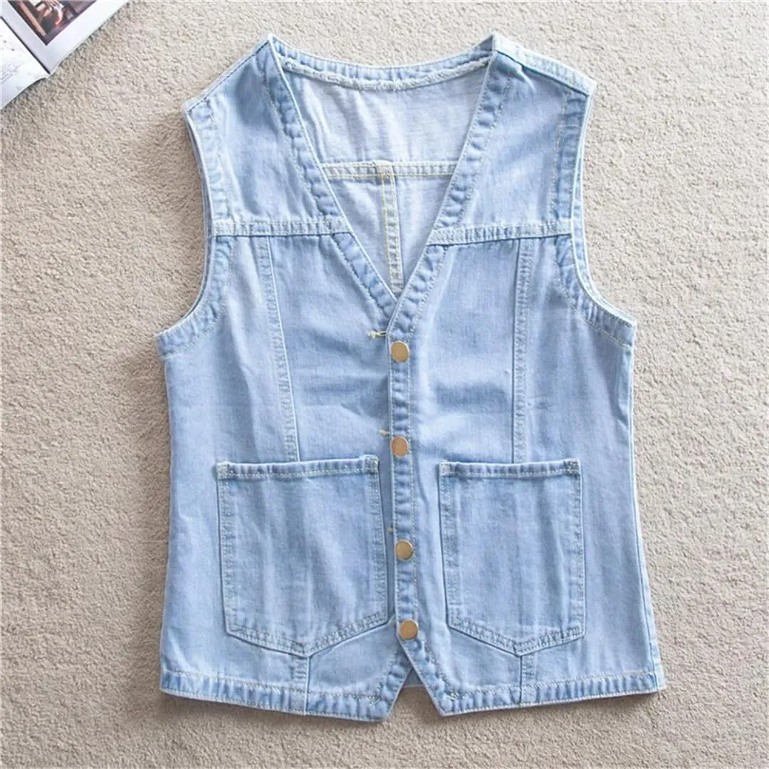 Women's Slim V Neck Single Breasted Denim Vest Waistcoat Sleeveless Casual Jeans Vest