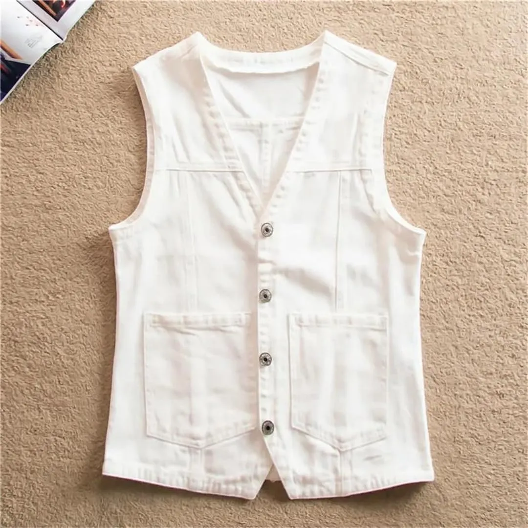 Women's Slim V Neck Single Breasted Denim Vest Waistcoat Sleeveless Casual Jeans Vest