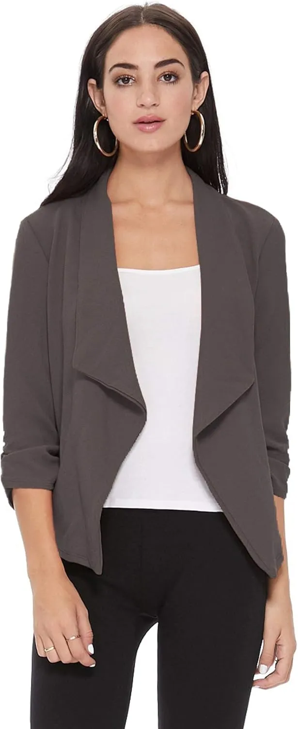Women's Solid Casual Draped Open Front 3/4 Sleeve Outerwear Blazer Jacket/Made in USA