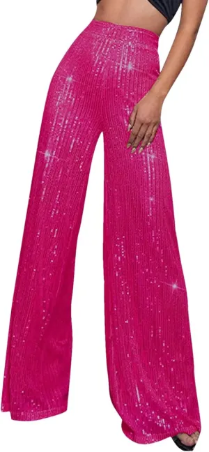 Women's Solid Color High Waist Sequin Drape Wide Leg Pants Casual Party Night Out Pants