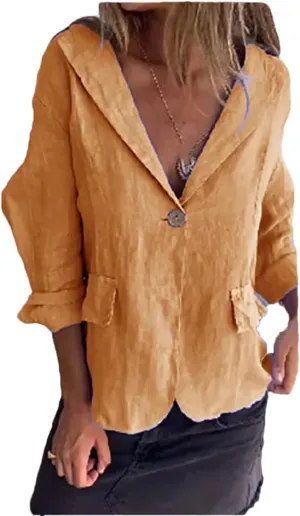 Women's Solid Color Loose Thin Blazer Coat Lapel Button Street Cotton Linen Long Sleeve Outerwear