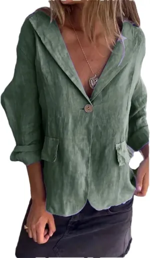 Women's Solid Color Loose Thin Blazer Coat Lapel Button Street Cotton Linen Long Sleeve Outerwear