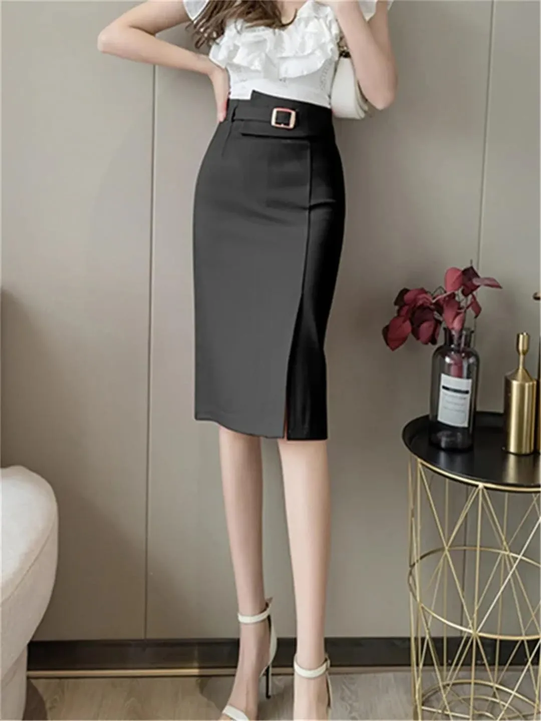 Women's Spring Summer High Waist Workwear Front Split Sheath Pencil Buttons Wrap Midi Skirts