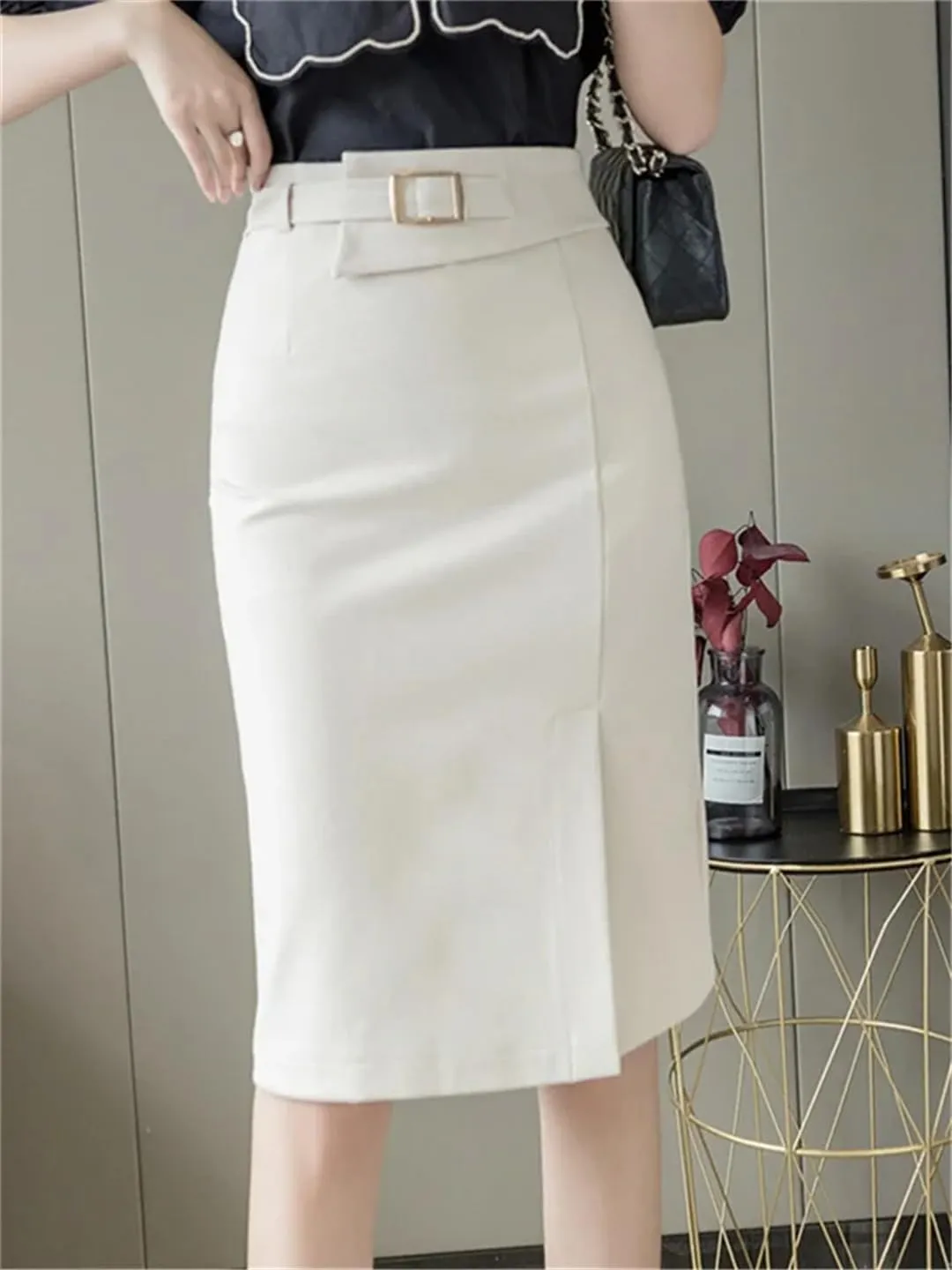 Women's Spring Summer High Waist Workwear Front Split Sheath Pencil Buttons Wrap Midi Skirts