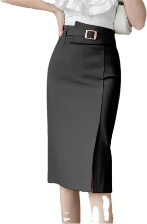 Women's Spring Summer High Waist Workwear Front Split Sheath Pencil Buttons Wrap Midi Skirts
