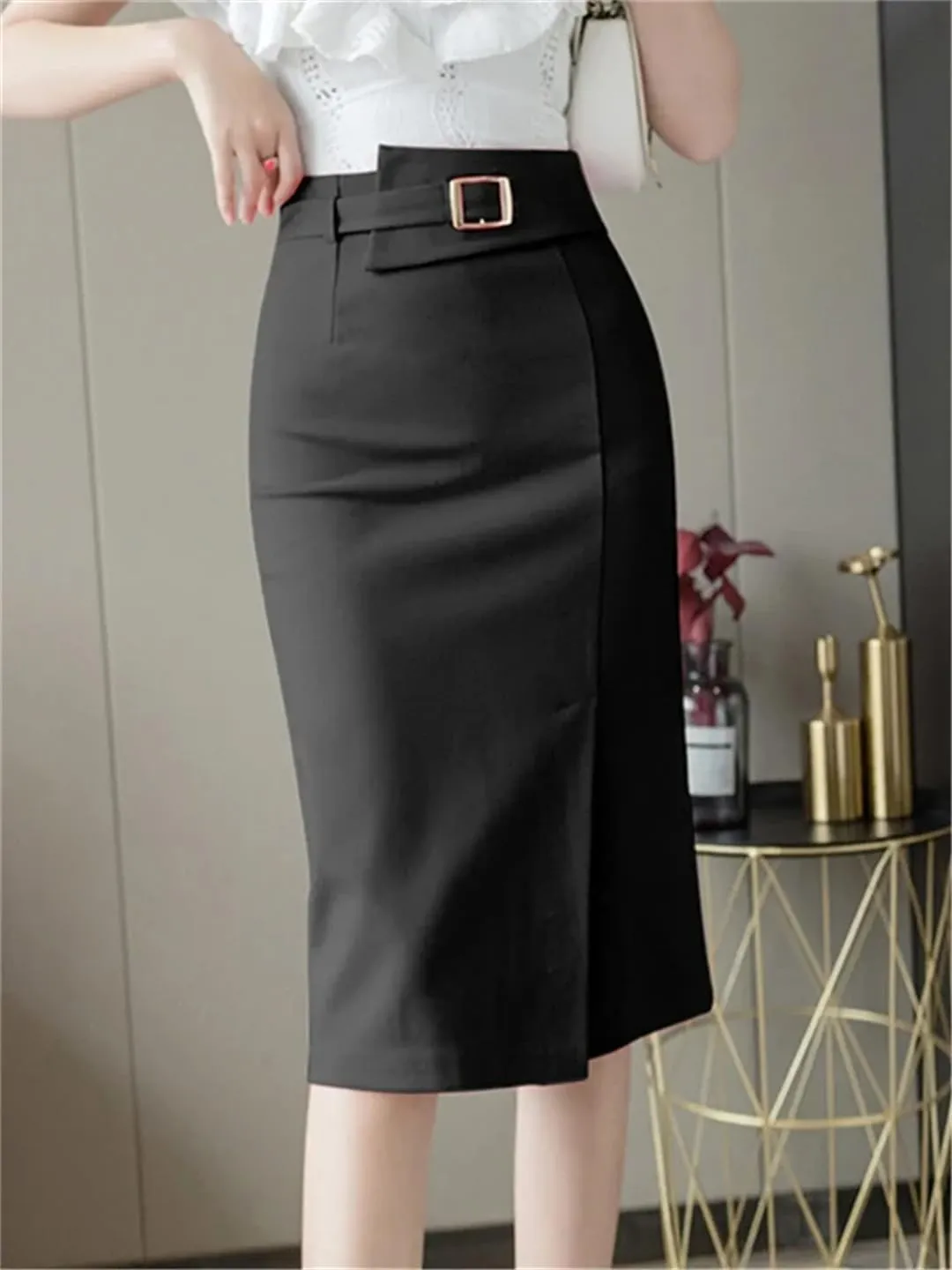 Women's Spring Summer High Waist Workwear Front Split Sheath Pencil Buttons Wrap Midi Skirts