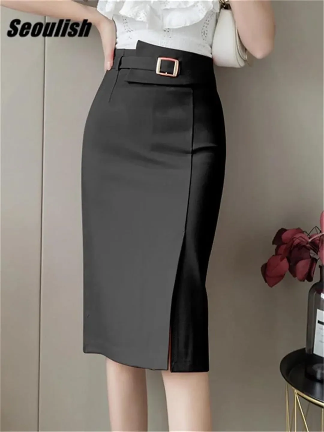 Women's Spring Summer High Waist Workwear Front Split Sheath Pencil Buttons Wrap Midi Skirts