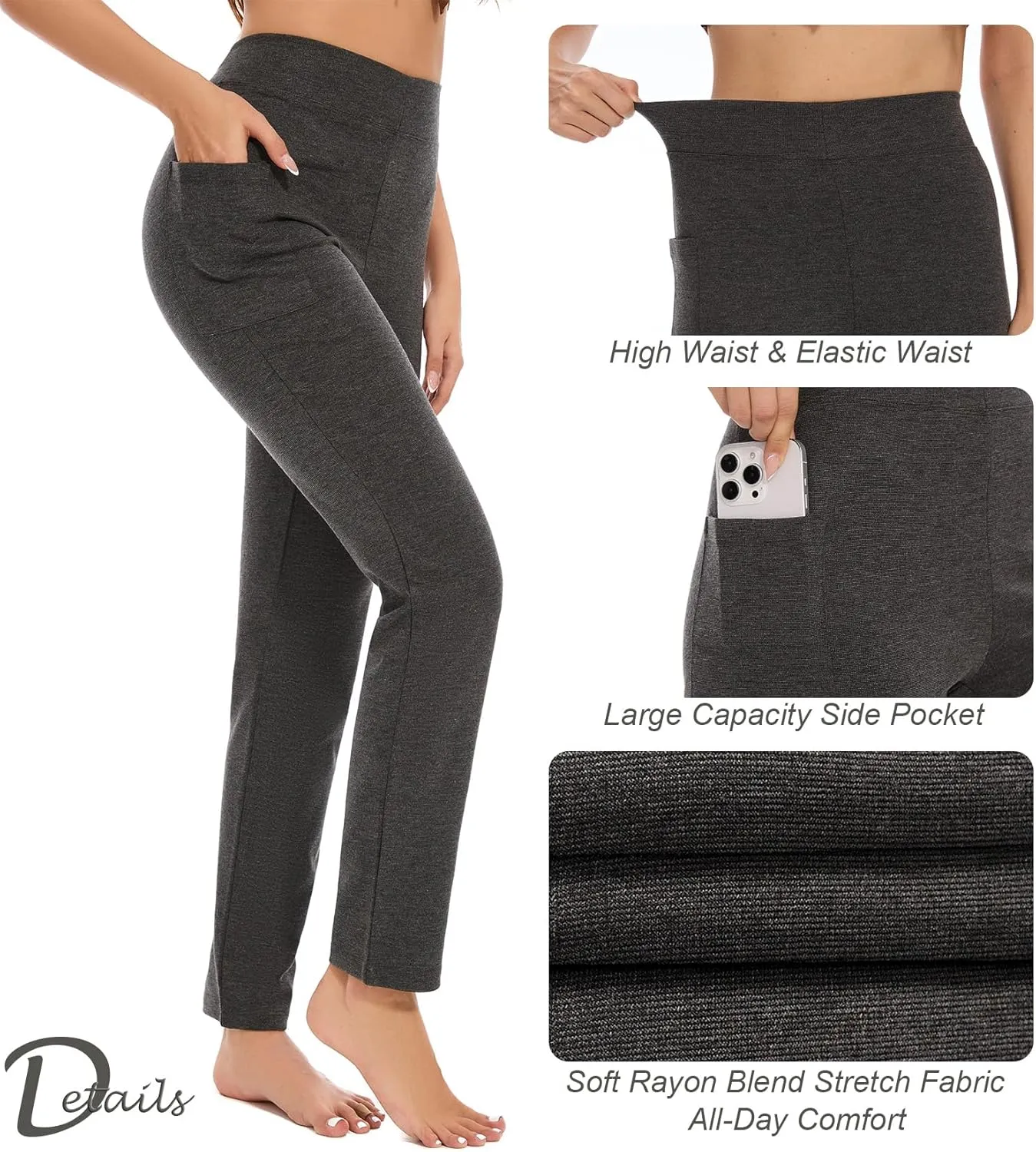 Women's Straight Leg Yoga Pants with Pockets, High Waist Tummy Control Slim Fit Lounge Workout Pants
