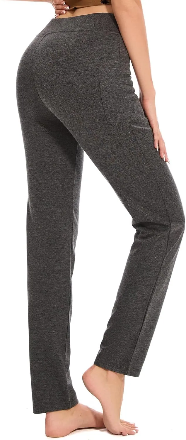 Women's Straight Leg Yoga Pants with Pockets, High Waist Tummy Control Slim Fit Lounge Workout Pants