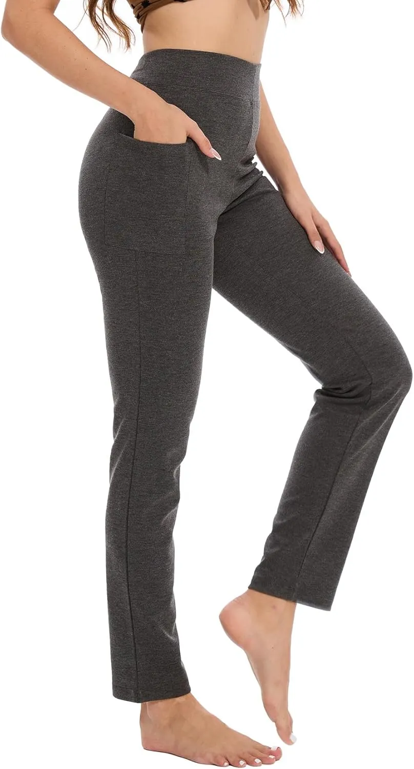 Women's Straight Leg Yoga Pants with Pockets, High Waist Tummy Control Slim Fit Lounge Workout Pants