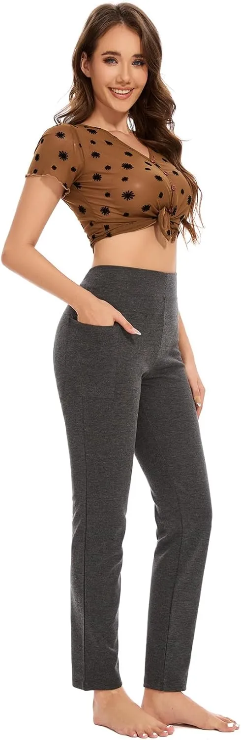 Women's Straight Leg Yoga Pants with Pockets, High Waist Tummy Control Slim Fit Lounge Workout Pants