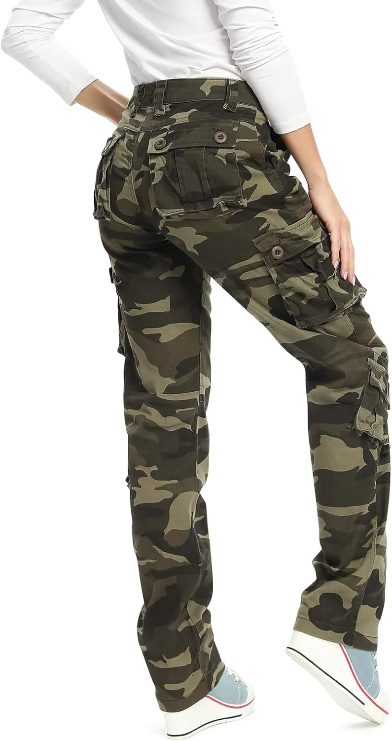 Womens Stretch Casual Cargo Work Pants Camo Combat Tactical Travel Pants with 8 Pockets