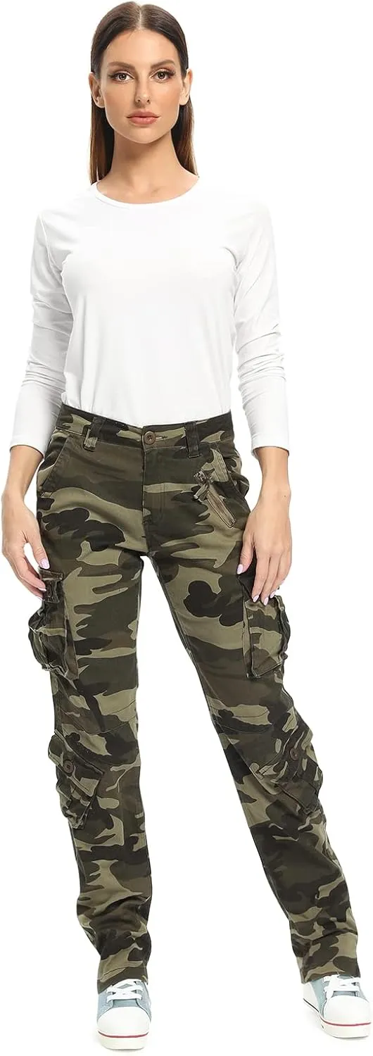 Womens Stretch Casual Cargo Work Pants Camo Combat Tactical Travel Pants with 8 Pockets