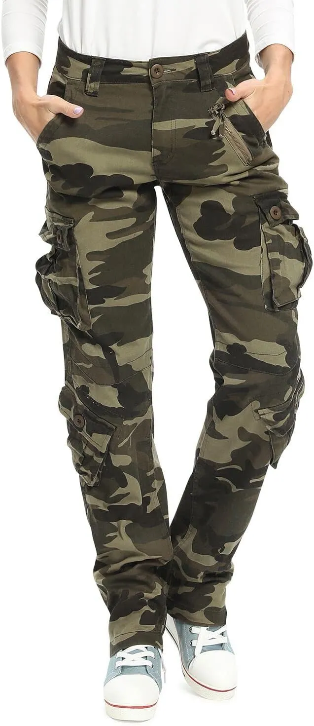 Womens Stretch Casual Cargo Work Pants Camo Combat Tactical Travel Pants with 8 Pockets