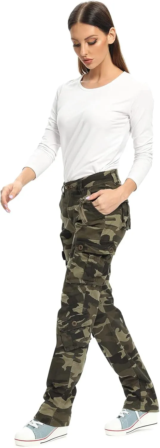 Womens Stretch Casual Cargo Work Pants Camo Combat Tactical Travel Pants with 8 Pockets