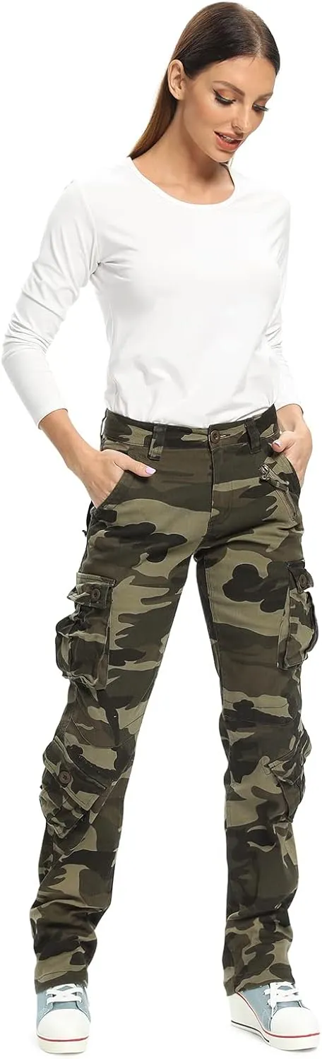 Womens Stretch Casual Cargo Work Pants Camo Combat Tactical Travel Pants with 8 Pockets