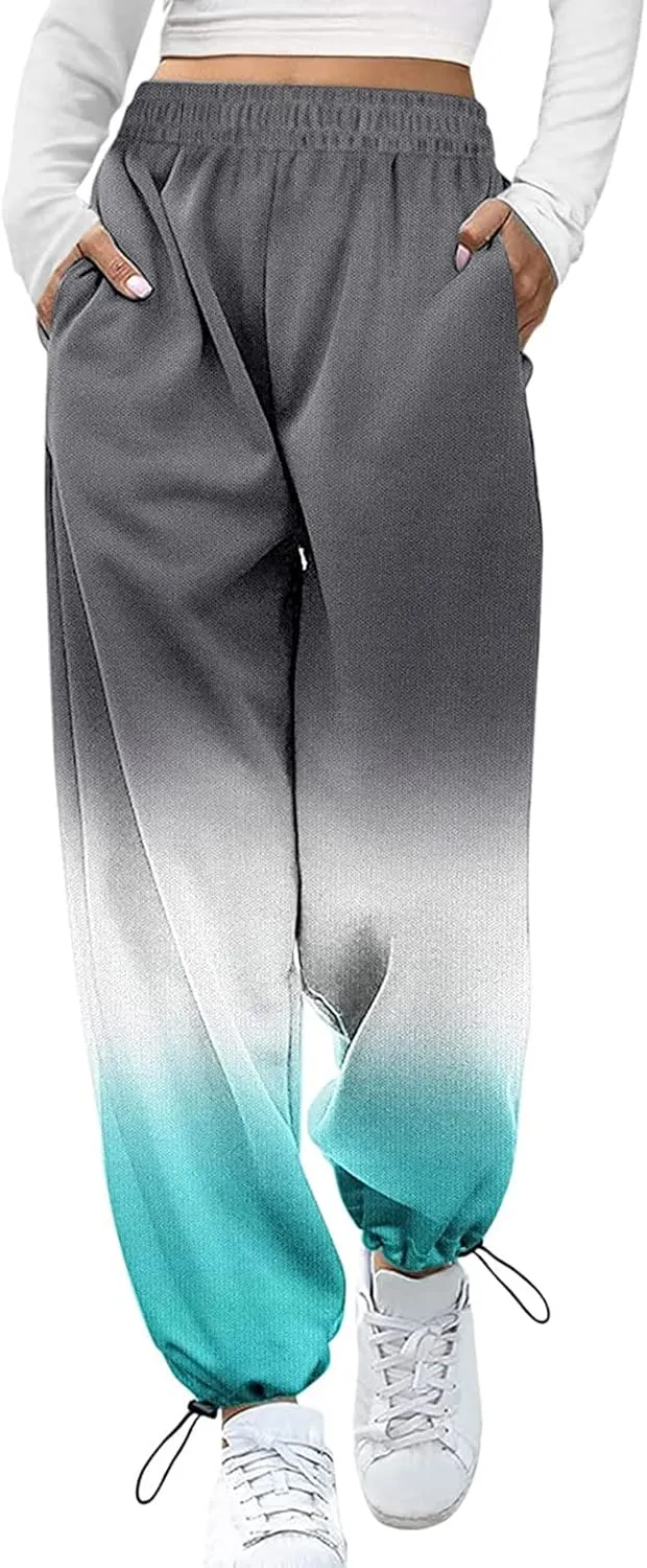 Women's Sweatpants Casual Loose Patchwork Lounge Trousers with Pockets High Waist Drawstring Cinch Bottom Jogger Pants