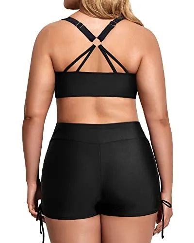 Womens Three Piece Plus Size Tankini Swimsuits With Bikini Top-Blue And Black Stripe
