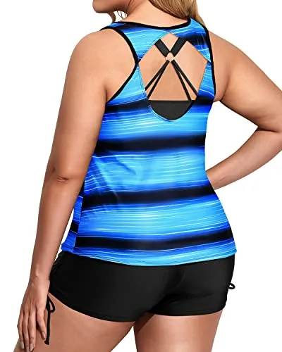 Womens Three Piece Plus Size Tankini Swimsuits With Bikini Top-Blue And Black Stripe